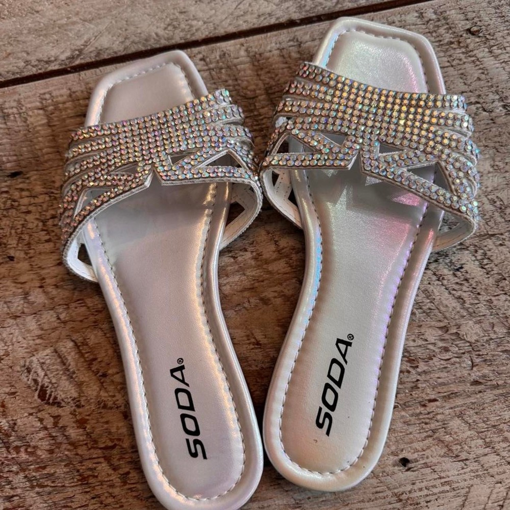 Soda Silver Rhinestone Slide Sandals Women's Sparkly Flat Dressy Slip On Sandals